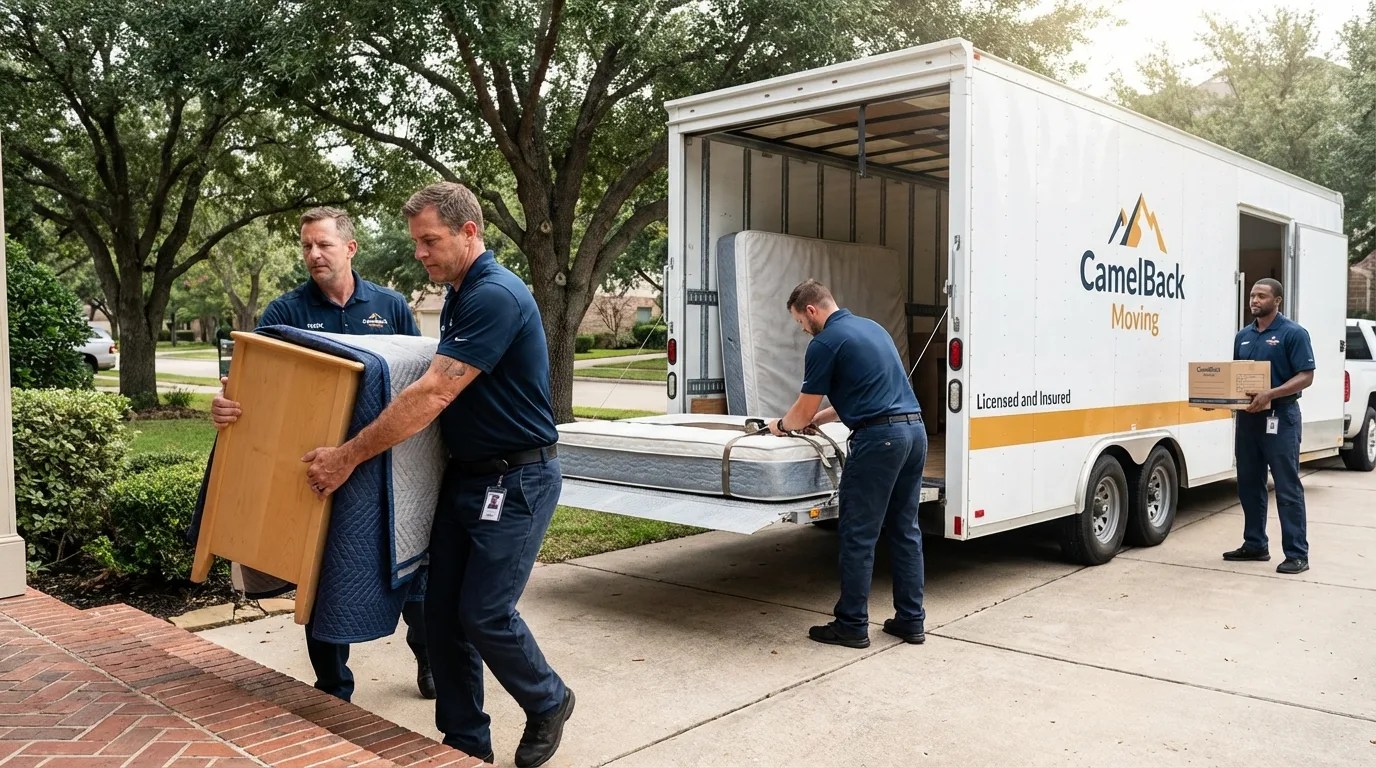 Crew loading residential truck for cross-state move from Meridian, TX