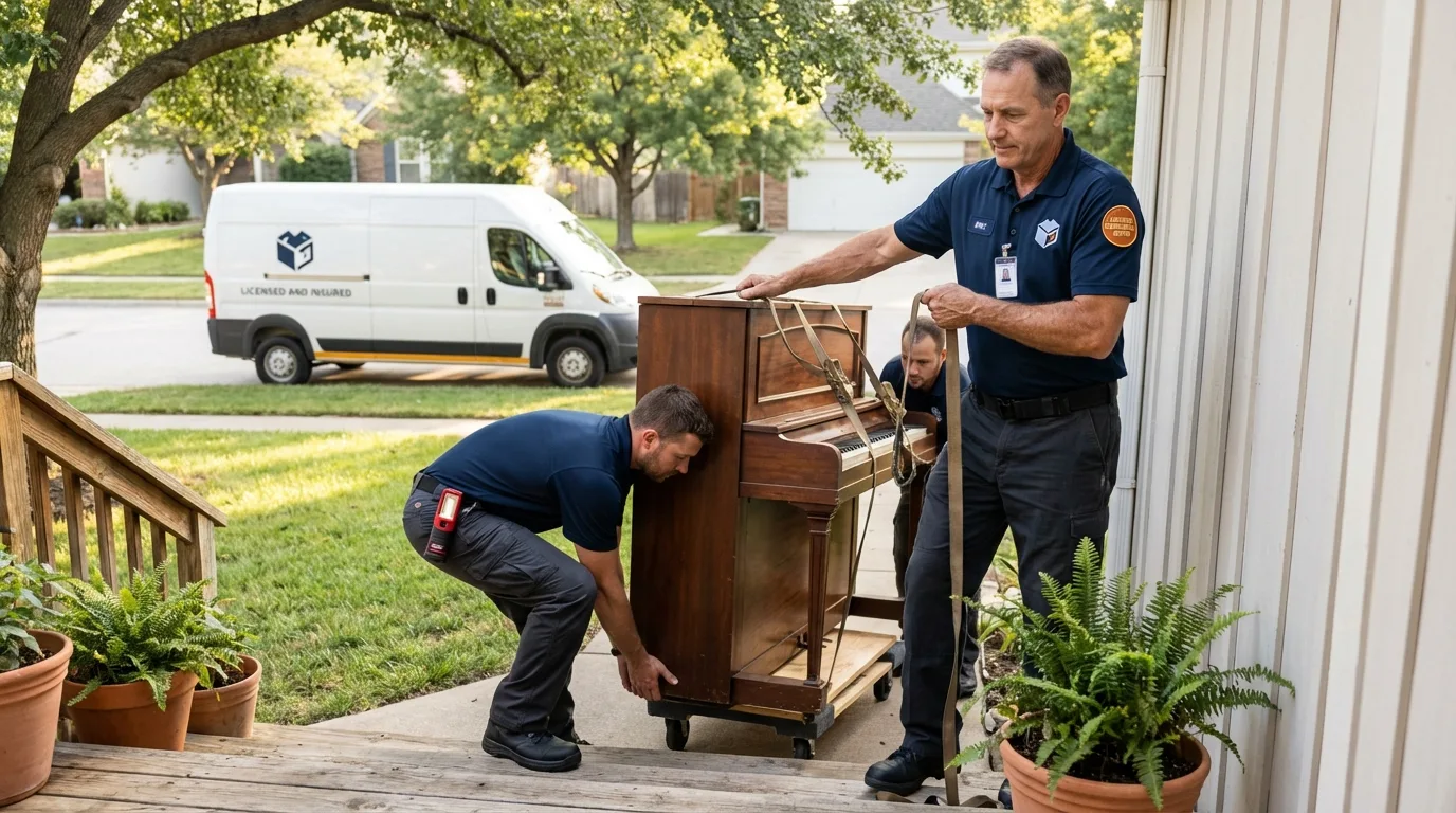 Licensed piano movers securing grand piano in Meridian, TX