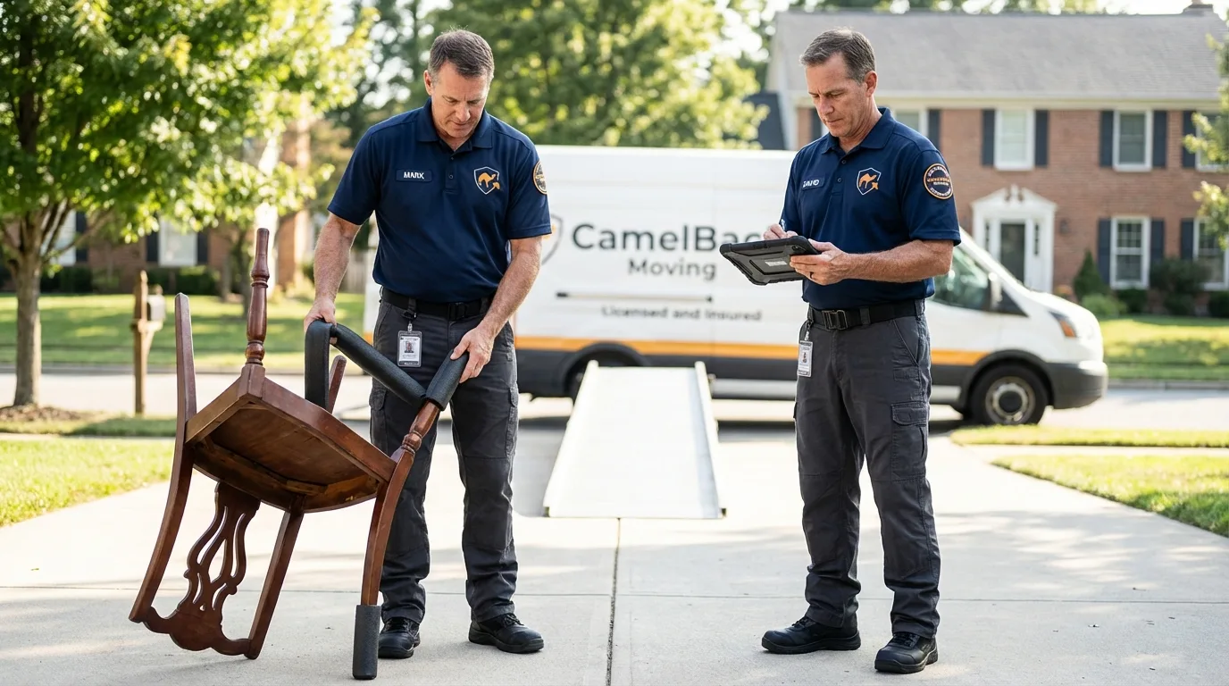 Movers inspecting furniture for damage prevention before loading in Meridian, TX