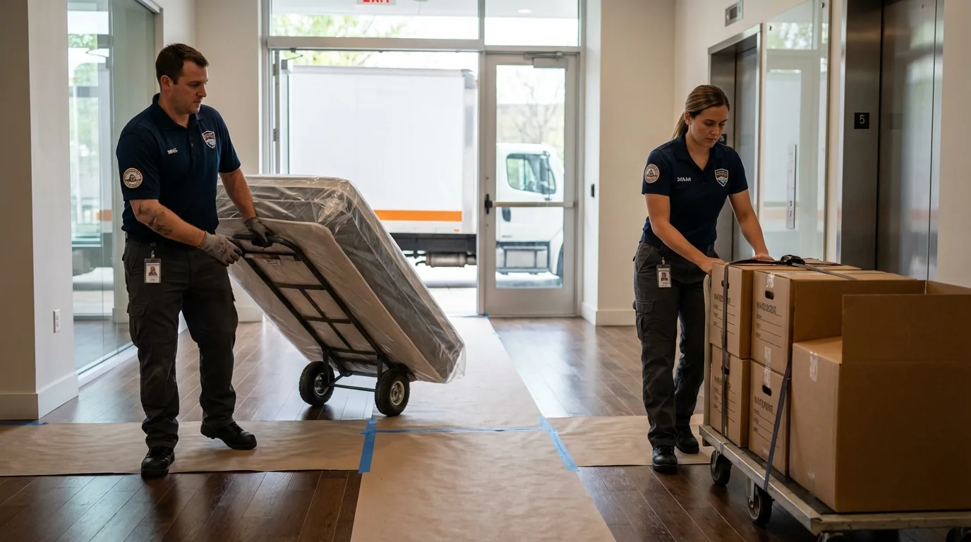 Professional apartment movers loading elevator in Meridian, TX